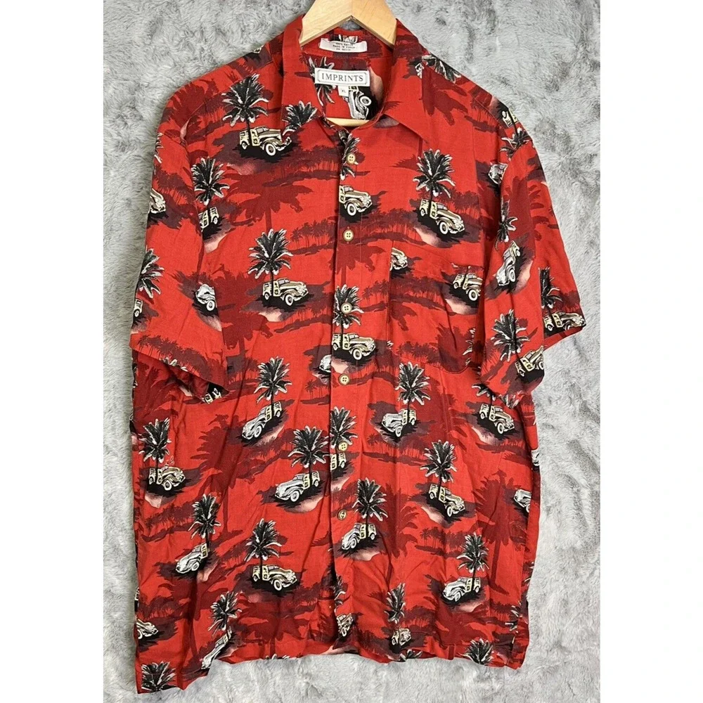 Vintage Imprints Hawaiian Shirt Mens XL Red Palm Trees Classic Aloha Beach Rayon